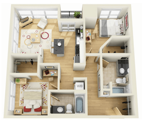 Floor plan for 2 beds, 2 baths, 938 sqft